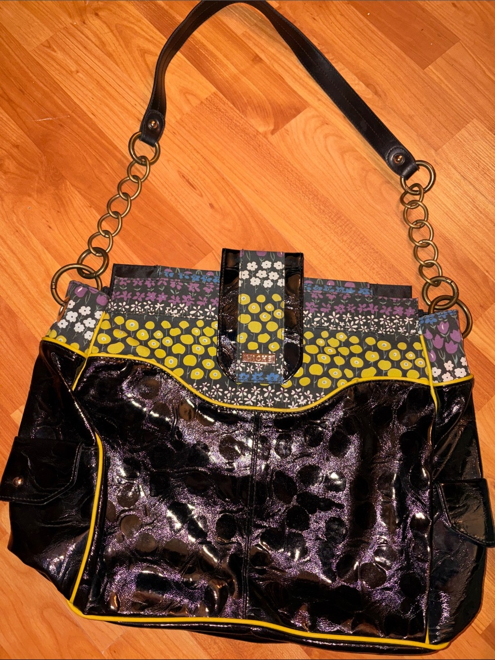 MICHE Black and Yellow Patent LARGE Open Shoulder Bag with Floral Accent